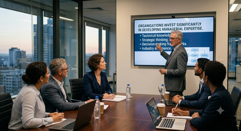 Organisations invest significantly in developing managerial expertise. Technical knowledge. Strategic thinking. Decision-making frameworks. Industry experience